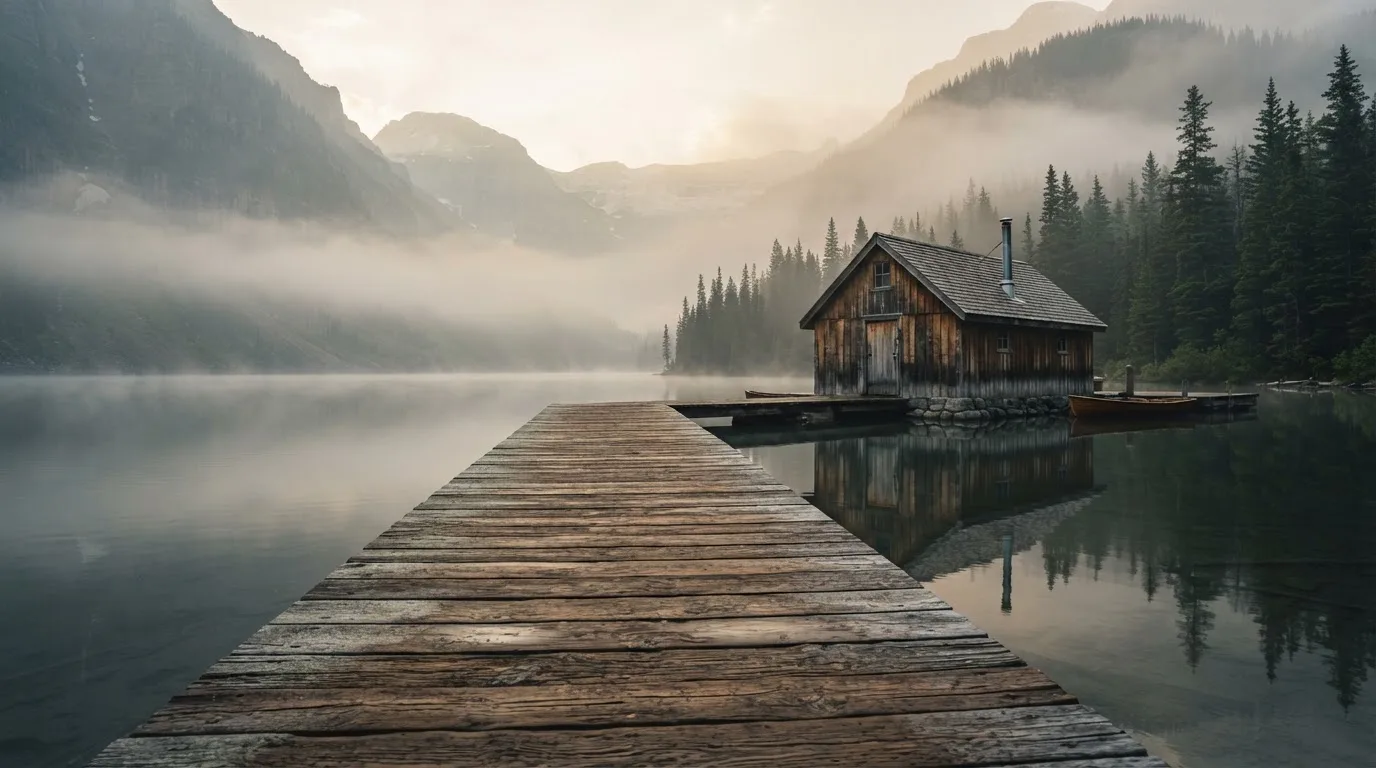 Ein Holzsteg führt über einen ruhigen Bergsee zu einem kleinen Bootshaus, über dem Wasser hängt Morgennebel.