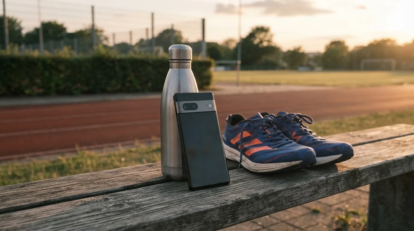 Ein Smartphone mit dunklem Bildschirm lehnt an einer Wasserflasche, daneben stehen Laufschuhe auf einer Bank am Sportplatz.