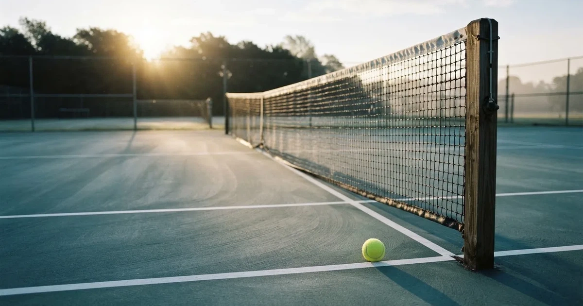 Ein Tennisplatz im ersten Morgenlicht, das Netz hängt leicht durch und auf der Grundlinie liegt ein einzelner Ball.