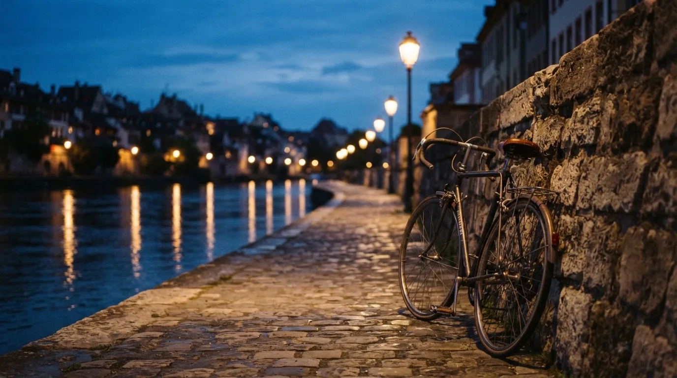 Ein Velo lehnt an einer Steinmauer am Ufer eines Flusses, die Strassenlaternen leuchten in der Dämmerung.