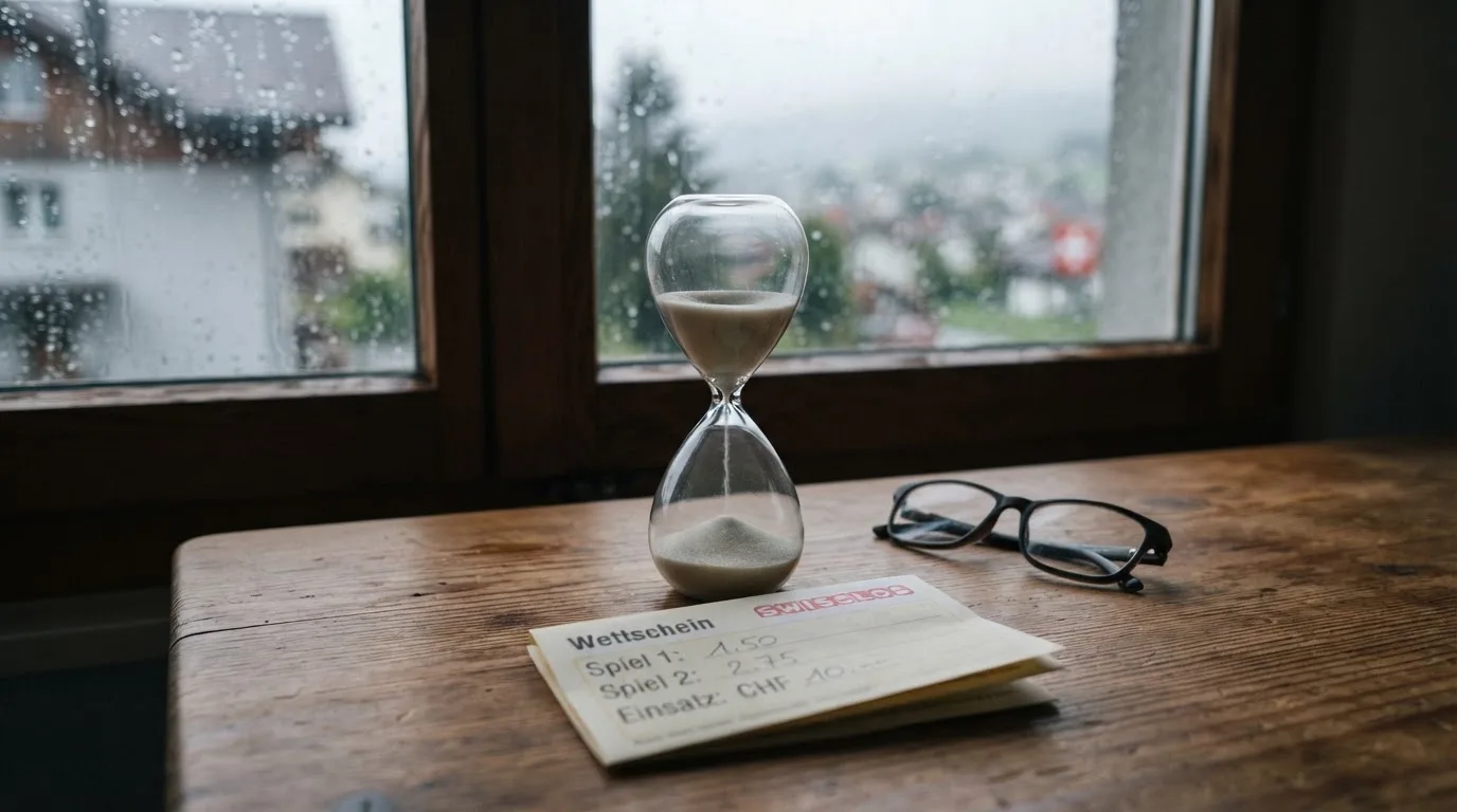 Eine Sanduhr steht auf einem Holztisch neben einer Brille, hinter dem Fenster laufen Regentropfen über das Glas.
