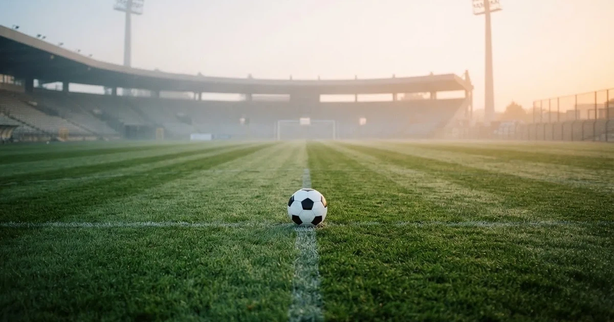 Ein Fussballplatz im Morgennebel, im Mittelkreis liegt ein einzelner Ball und der Rasen glänzt vom Tau.