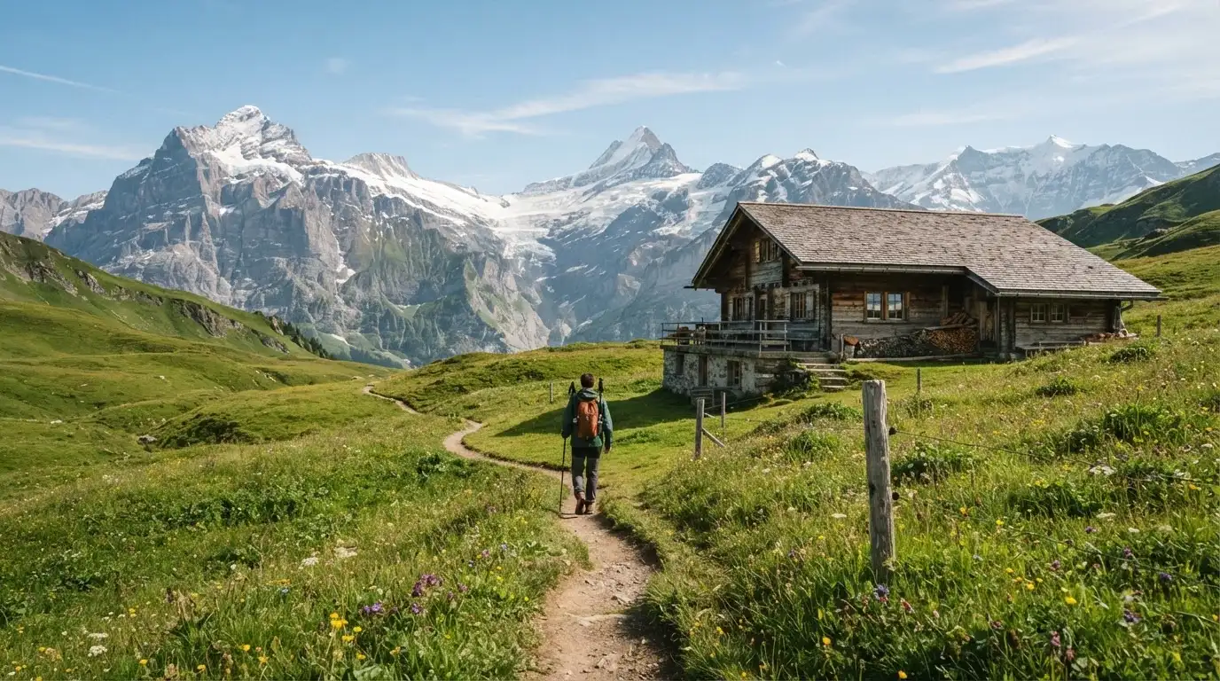 Ein Wanderweg führt über eine Alpwiese zu einem Holzchalet, dahinter ragen verschneite Gipfel in den Himmel.