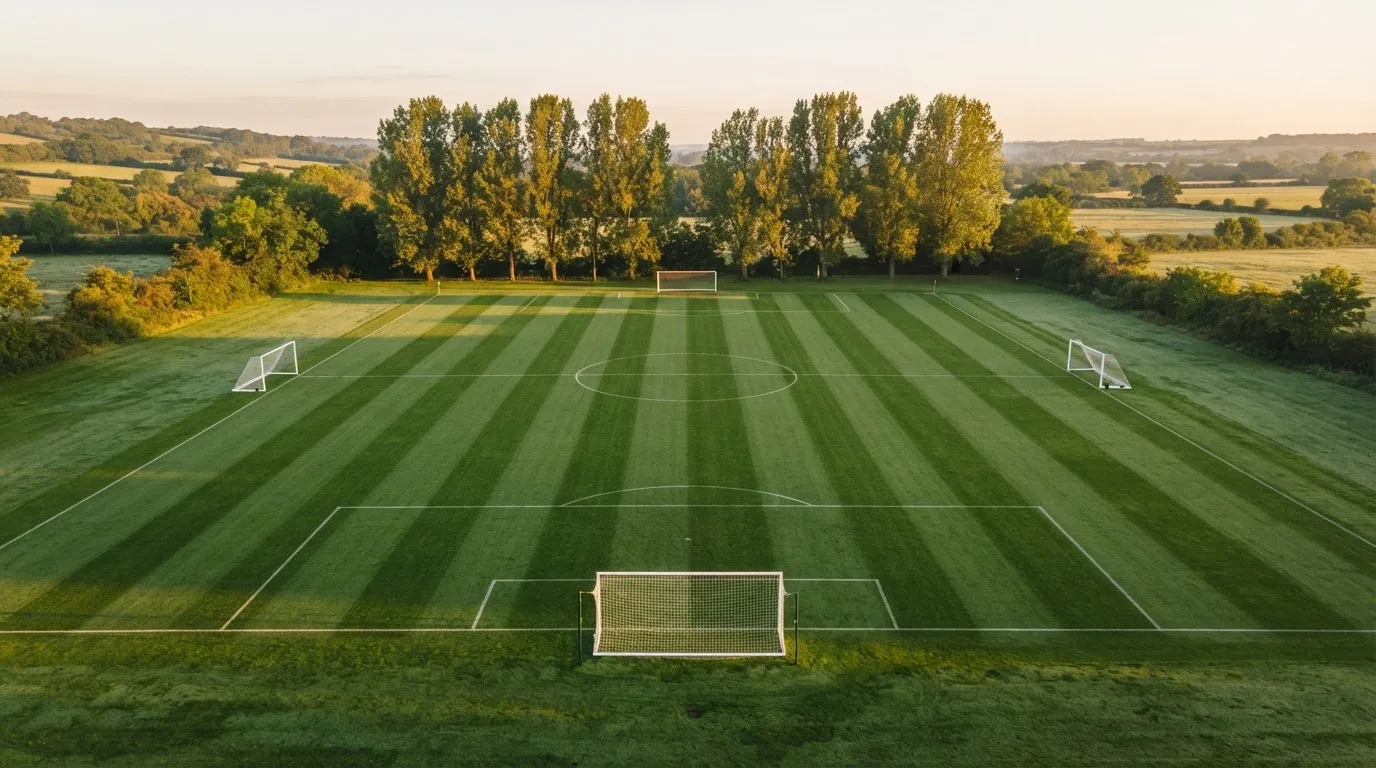 Ein leerer Fussballplatz mit weissen Linien von oben gesehen im Morgenlicht, am Rand stehen zwei Tore und eine Reihe Pappeln.