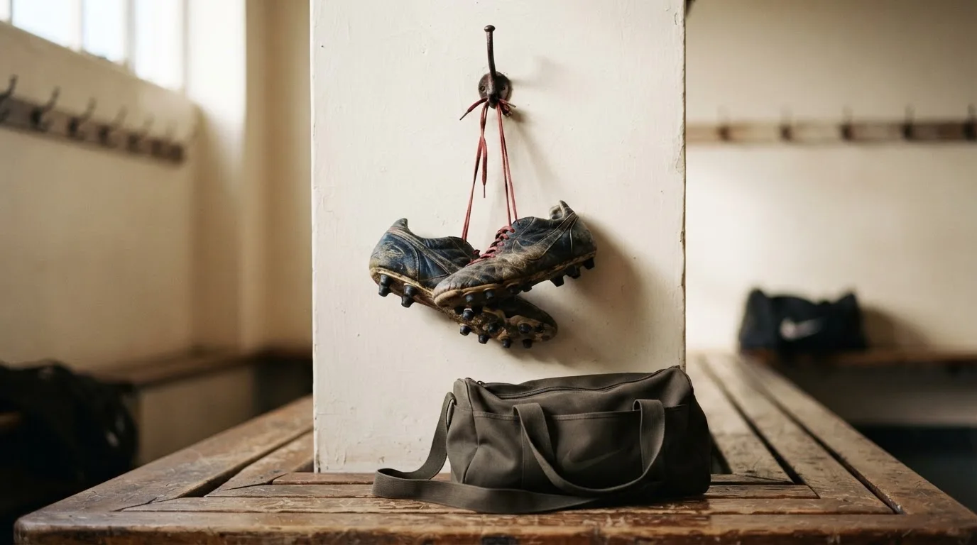 Ein Paar Fussballschuhe hängt an einem Haken in einer ruhigen Umkleide, darunter steht eine Sporttasche auf einer Holzbank.