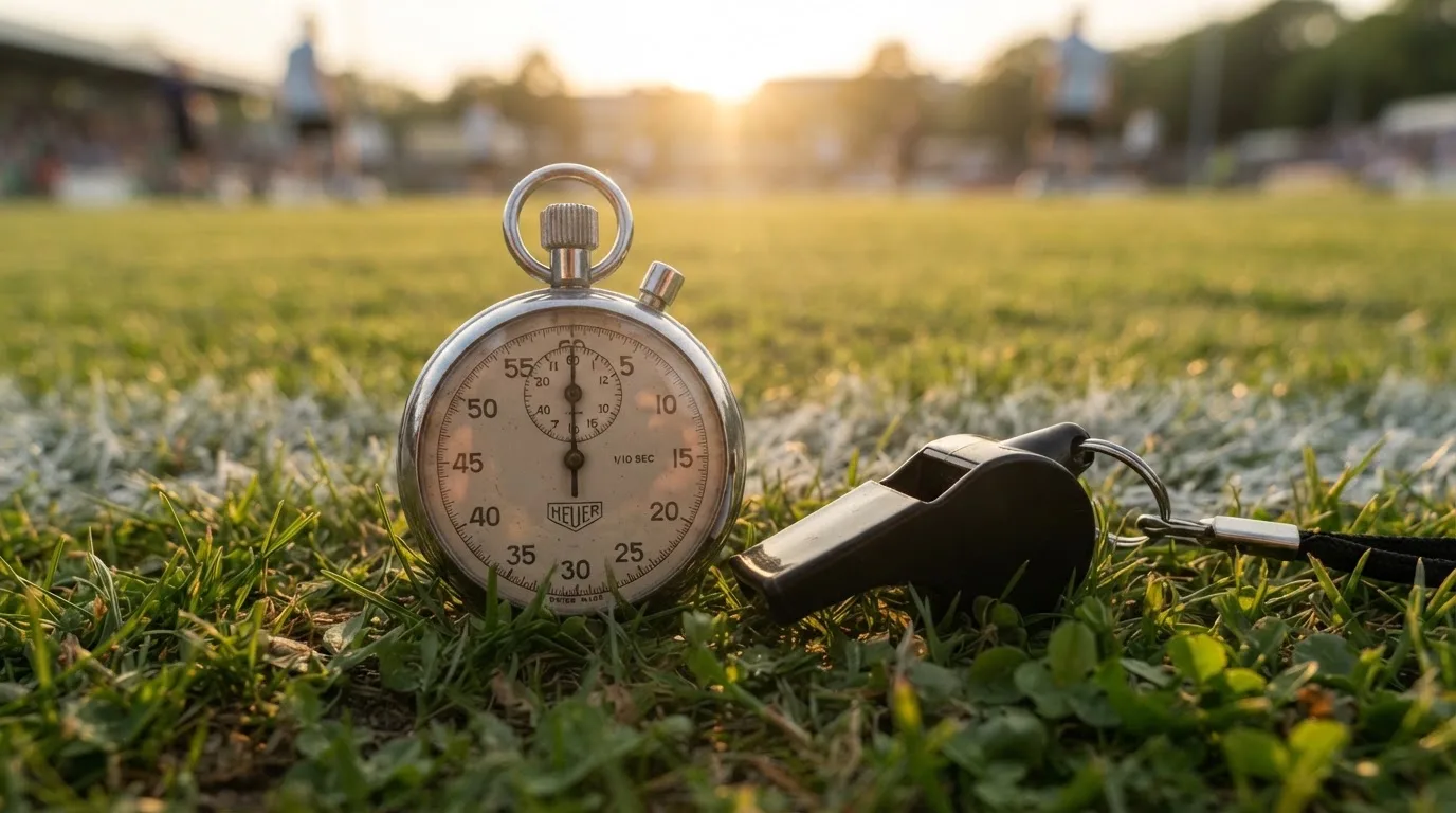 Eine Stoppuhr liegt neben einer Trillerpfeife auf einem Stück Rasen an der Seitenlinie eines Fussballfelds im Gegenlicht.