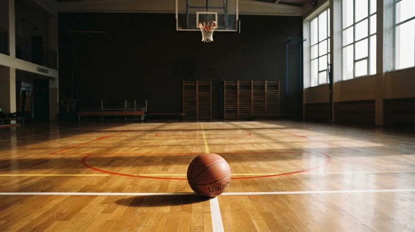 Ein Basketball liegt unter dem Korb in einer leeren Sporthalle, durch hohe Fenster fällt Tageslicht auf das Parkett.