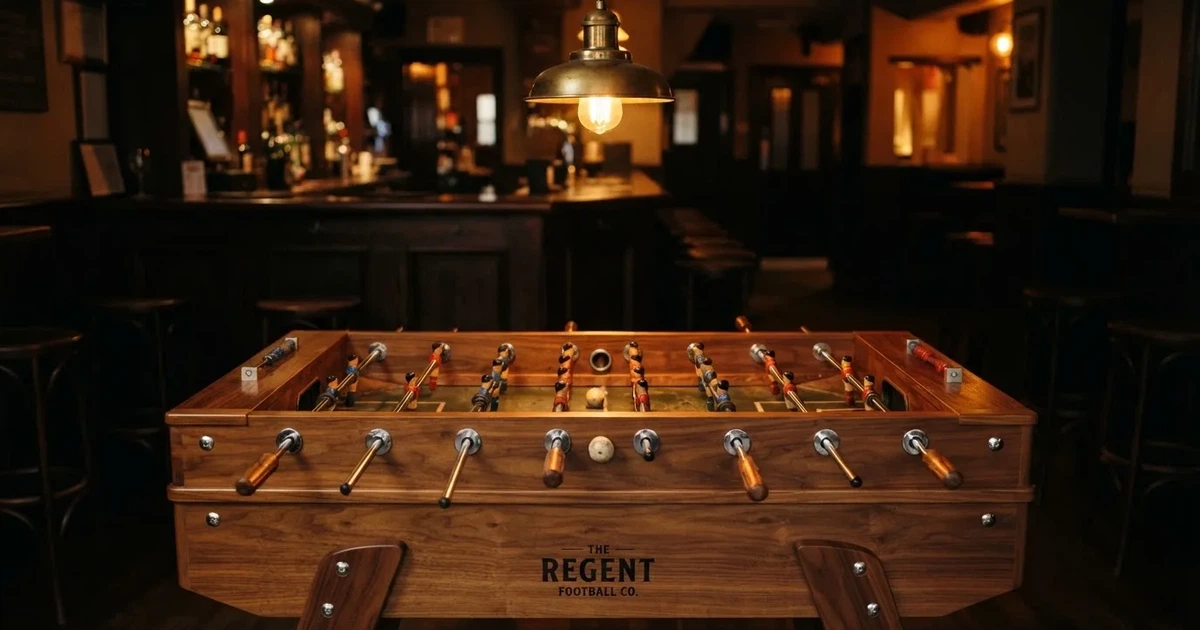 Ein hölzerner Tischfussball steht in einer leeren Bar, die Stangen mit den Figuren glänzen im Gegenlicht einer Lampe.