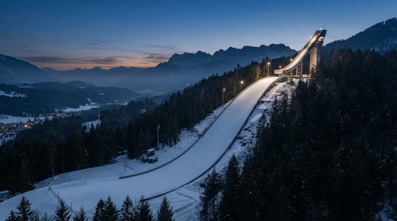 Eine Skisprungschanze ragt in der Dämmerung über einen Wald in den Alpen, der Auslauf liegt verschneit und leer da.