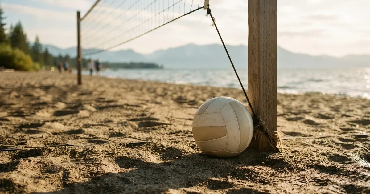 Ein Volleyball liegt am Fuss des Netzes auf Sand, im Hintergrund glitzert ein See und ein Bergzug steht im Dunst.
