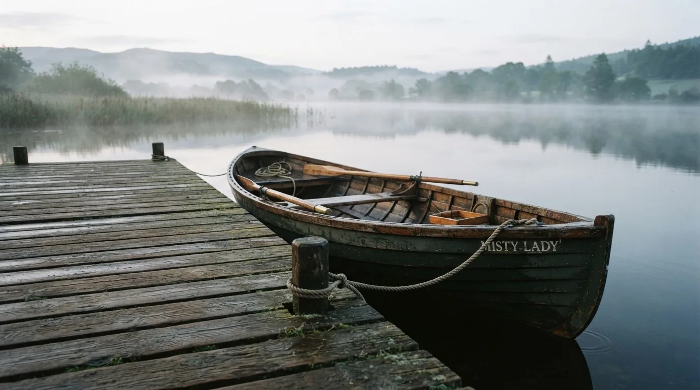 Ein Ruderboot liegt an einem Steg am Ufer eines Sees, über dem Wasser steigt dünner Nebel auf.