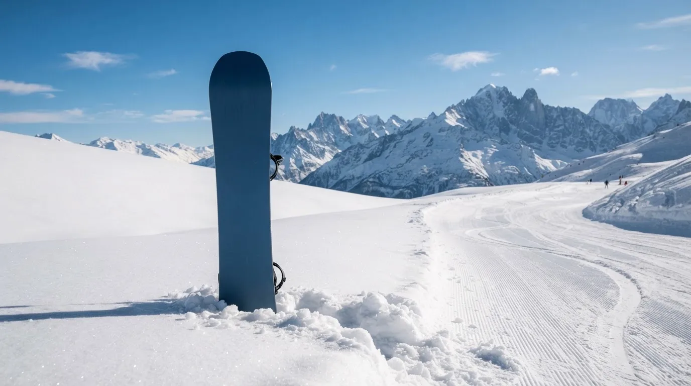 Ein Snowboard steckt aufrecht im Schnee am Rand einer Piste, dahinter spannt sich klarer Himmel über verschneiten Gipfeln.