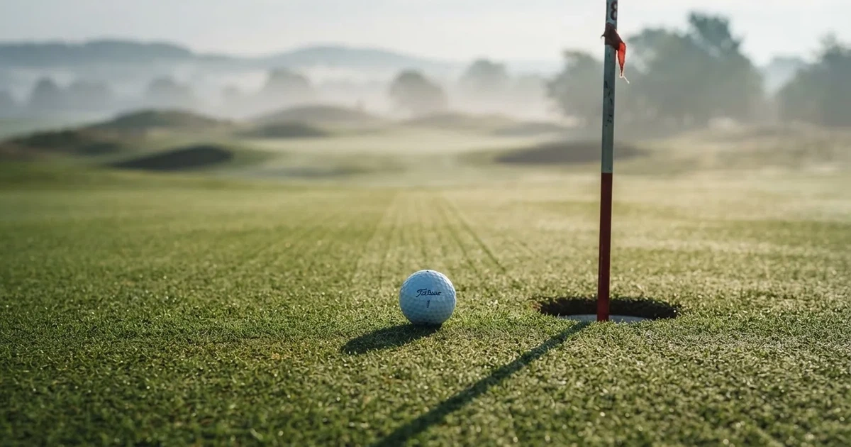 Ein Golfball liegt auf dem Grün nahe beim Loch, dahinter erstrecken sich sanfte Hügel im Nebel.