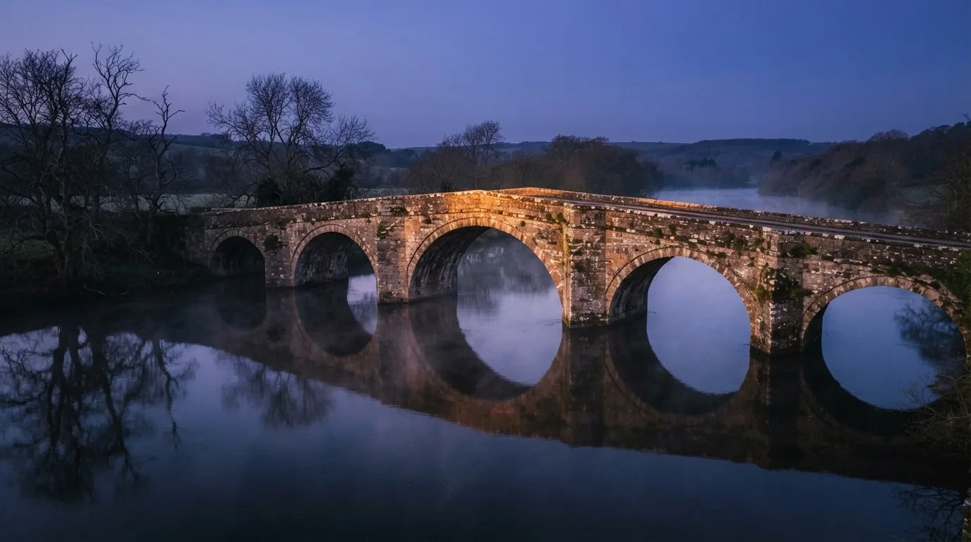 Eine Steinbrücke spannt sich in der Dämmerung über einen Fluss, auf dem Wasser liegt leichter Nebel.
