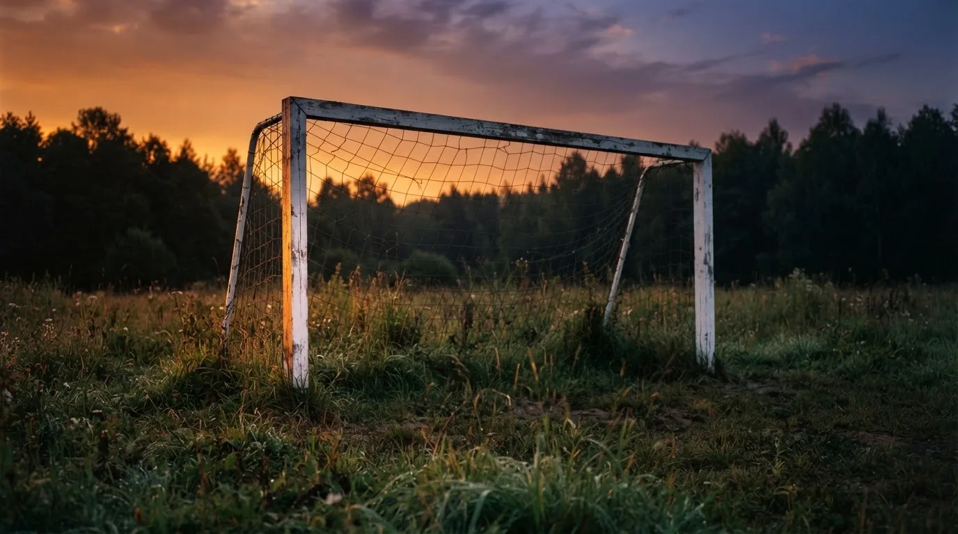 Ein Fussballtor ohne Netz steht auf einer Wiese am Waldrand, die Abenddämmerung färbt den Himmel orange.