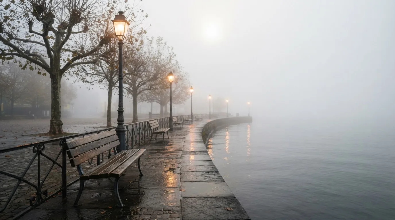 Eine Seepromenade mit leeren Bänken an einem nebligen Morgen, im Wasser spiegeln sich die Lichter der Uferlaternen.