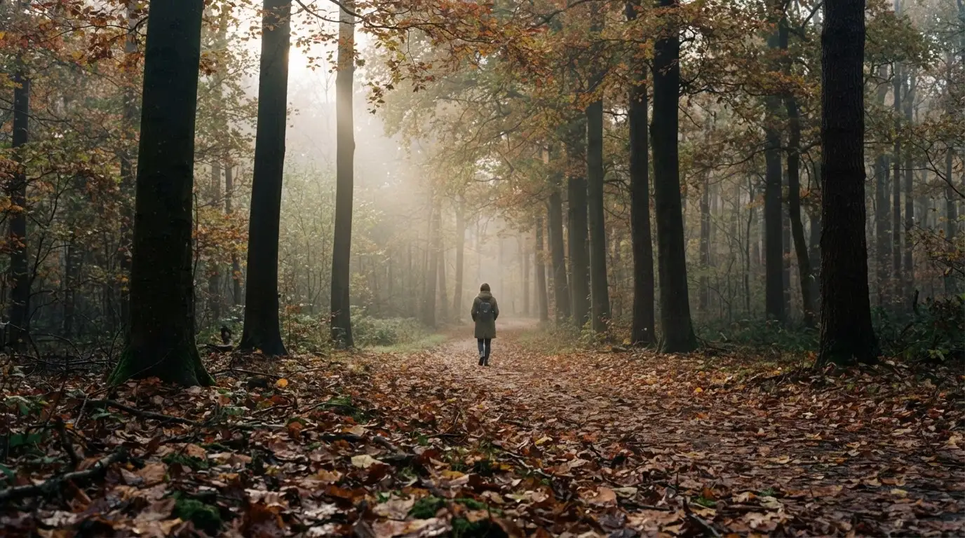 Ein Waldweg im Herbst mit buntem Laub, in der Ferne geht eine einzelne kleine Gestalt zwischen den Bäumen.