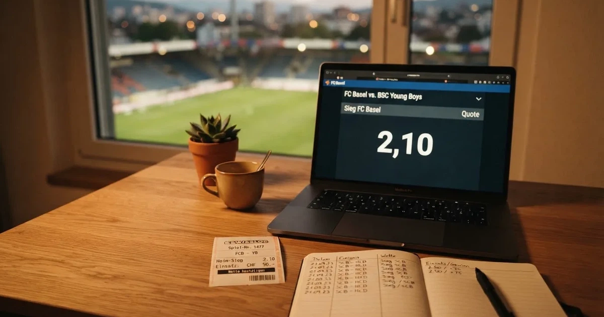 Ein aufgeräumter Schreibtisch mit Pflanze und Tasse in einem Heimbüro, vor dem Fenster liegt ein Fussballplatz im Gegenlicht.