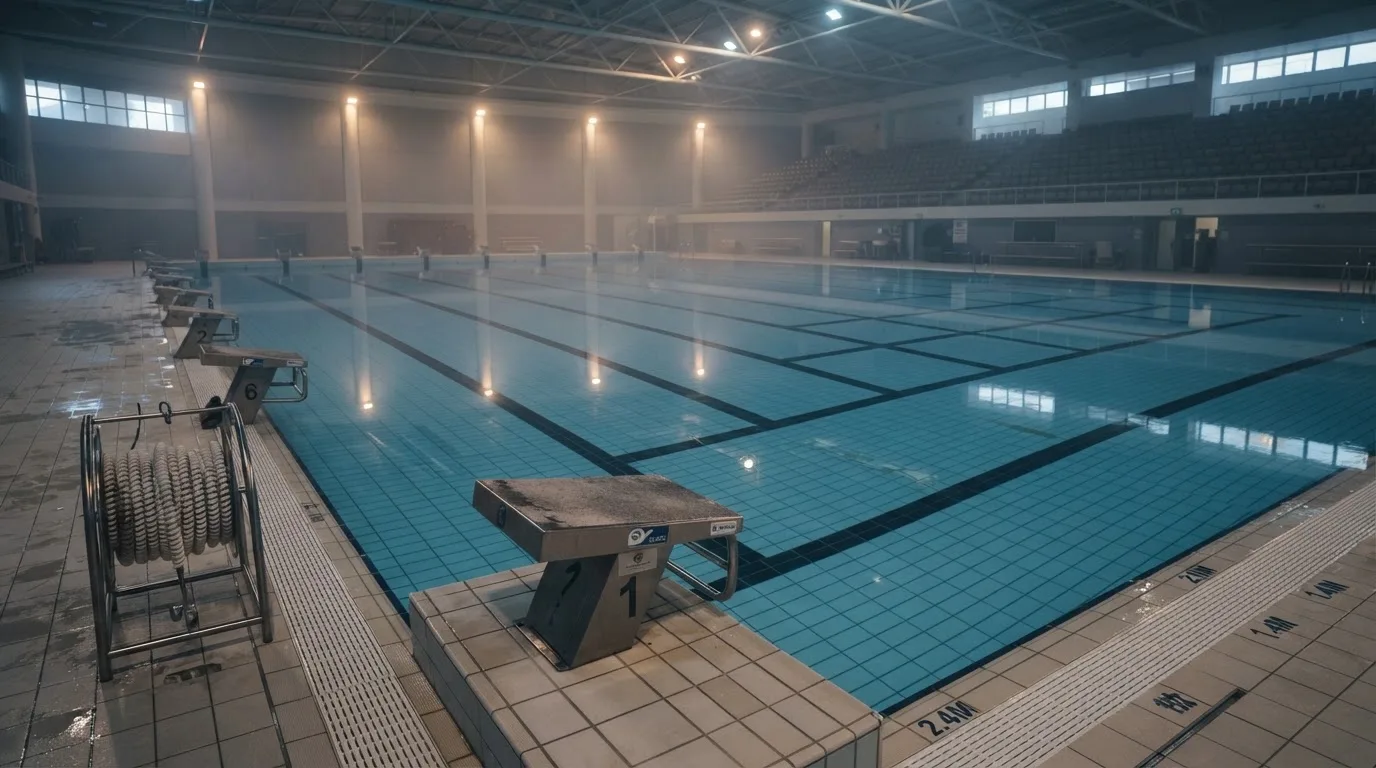 Ein leeres Schwimmbecken mit Startblöcken am Morgen, die Wasseroberfläche ist ruhig und spiegelt die Deckenlampen.