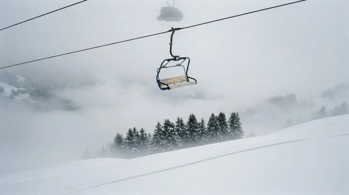 Ein Sessellift fährt leer durch dichten Nebel über eine winterliche Alp, unter ihm liegt unberührter Schnee.