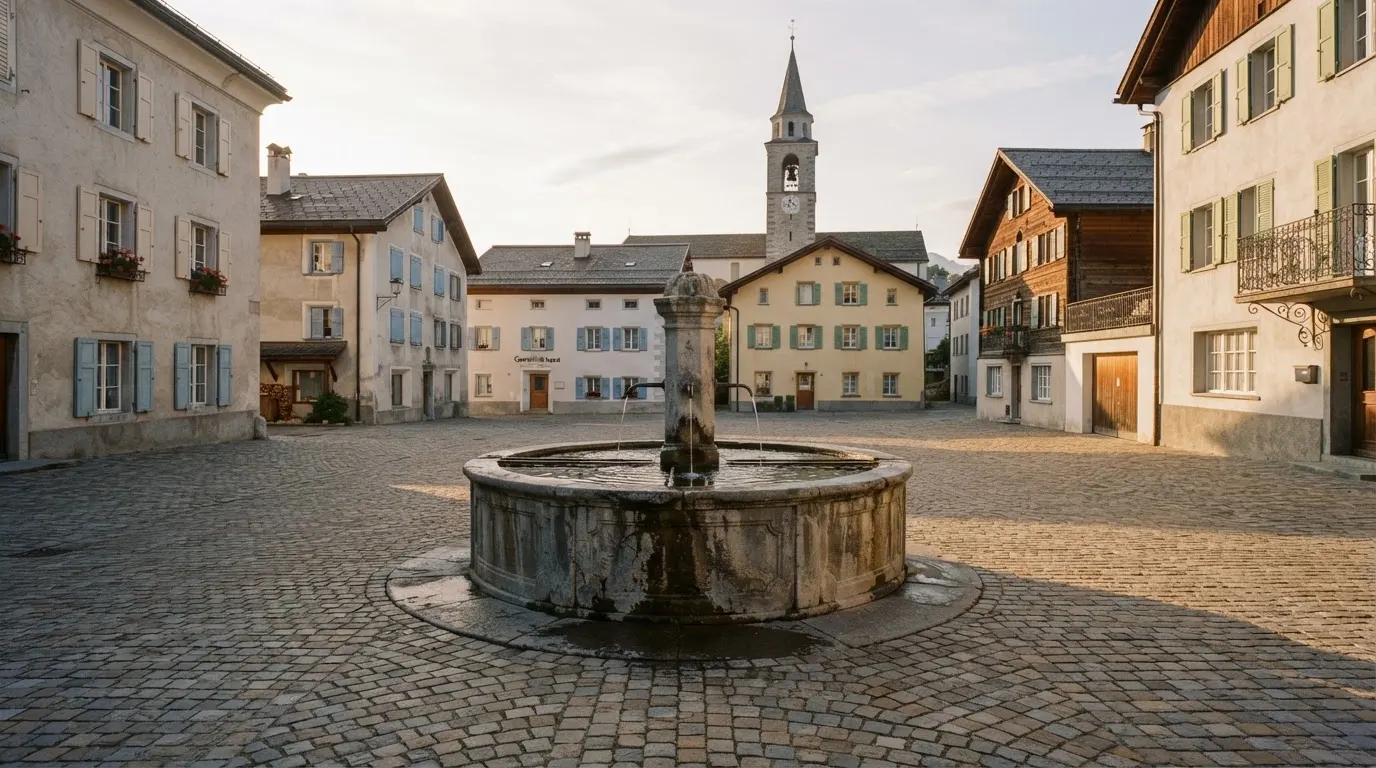 Ein stiller Dorfplatz mit einem Steinbrunnen im Frühlicht, auf dem Pflaster steht keine Person.