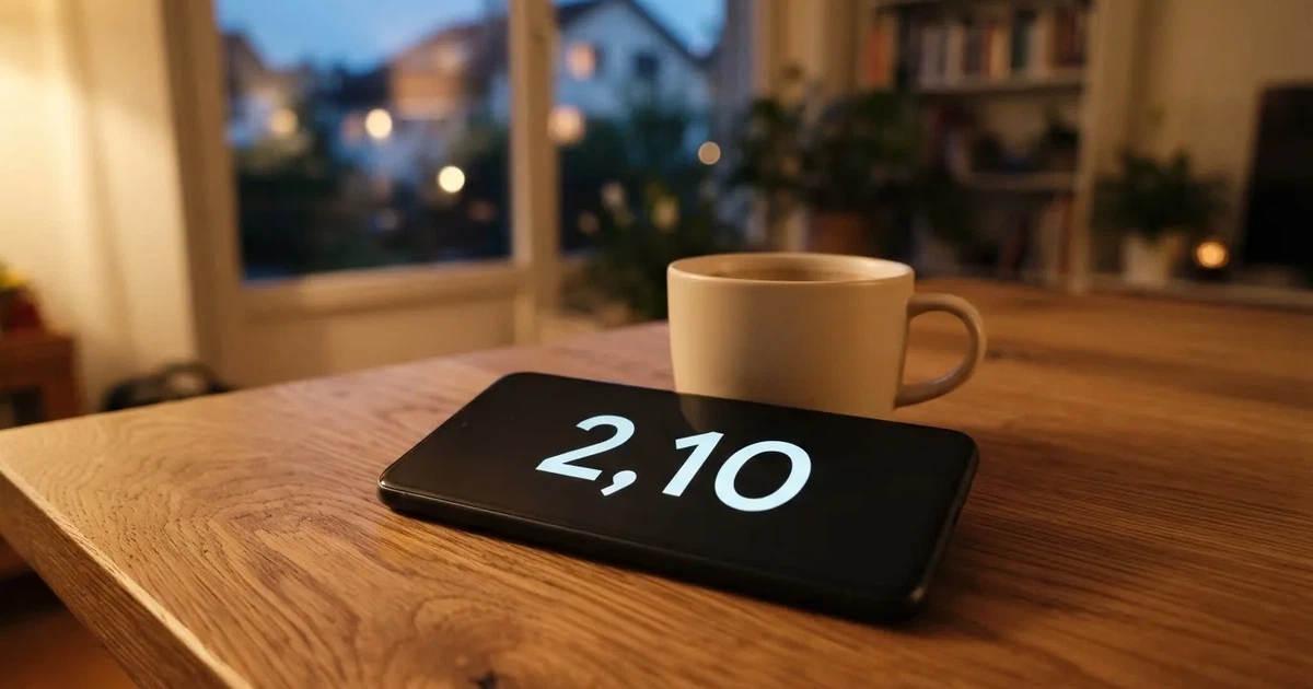Ein Smartphone mit dunklem Display liegt auf einem Holztisch neben einer Kaffeetasse, durch das Fenster fällt warmes Abendlicht.
