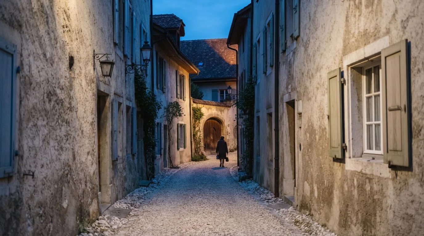 Ein schmaler Kiesweg führt zwischen zwei hellen Mauern durch eine Schweizer Altstadt, die Laternen sind noch nicht angezündet.