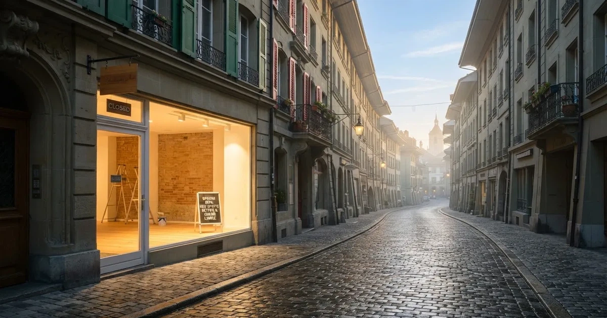 Eine Fussgängerstrasse in einer Schweizer Altstadt am frühen Morgen, nasses Kopfsteinpflaster und ein leeres Ladenlokal mit hellem Innenraum.