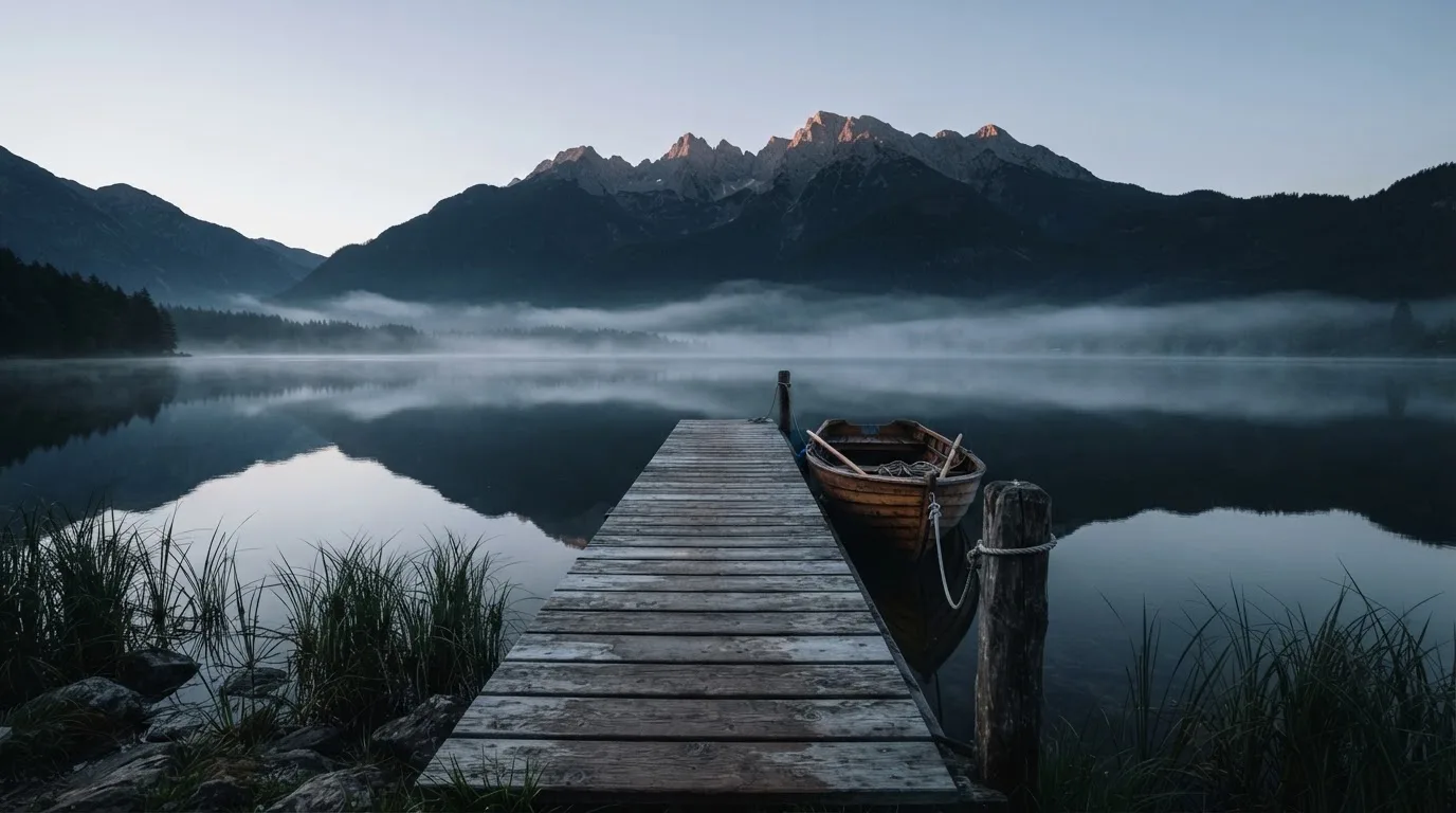 Ein Seeufer mit einem Holzsteg und einem vertäuten Ruderboot im Morgennebel, im Hintergrund die Silhouette von Bergen.