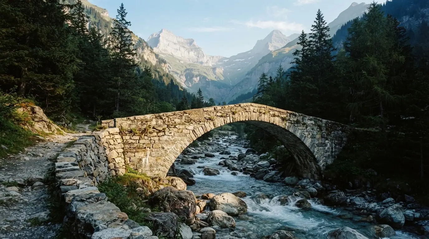 Eine Steinbogenbrücke überspannt einen Bergbach in den Alpen im Morgenlicht, an den Hängen stehen dunkle Nadelbäume.