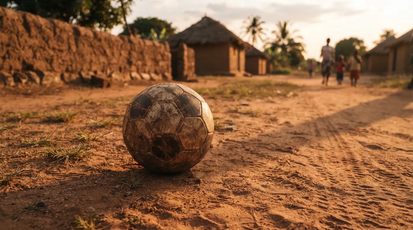 Ein Fussball liegt auf rotbraunem Sand am Rand eines Dorfes, die Abendsonne wirft lange Schatten.