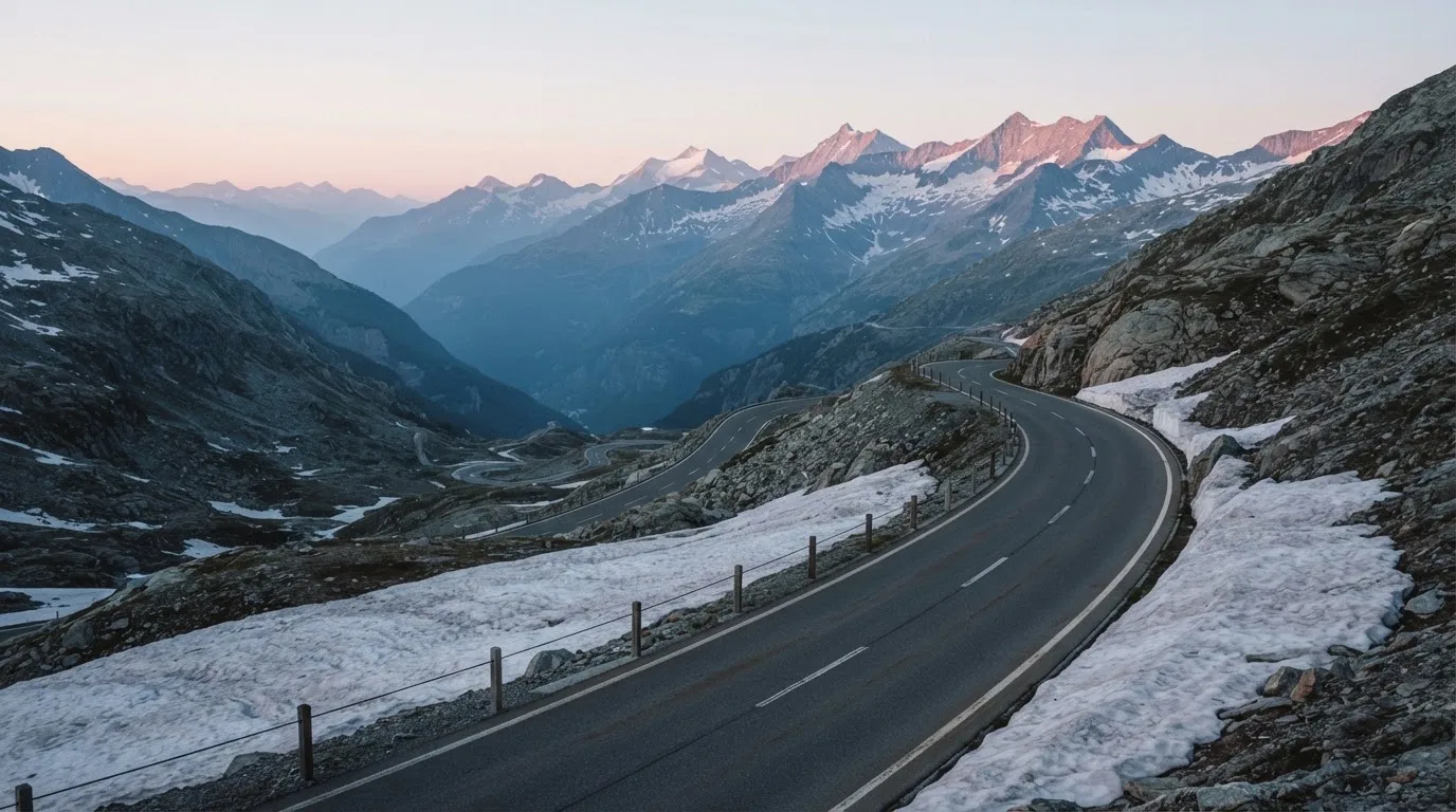 Ein Bergpass in den Schweizer Alpen mit leerer Strasse und Schneeresten am Rand im ersten Frühlicht.
