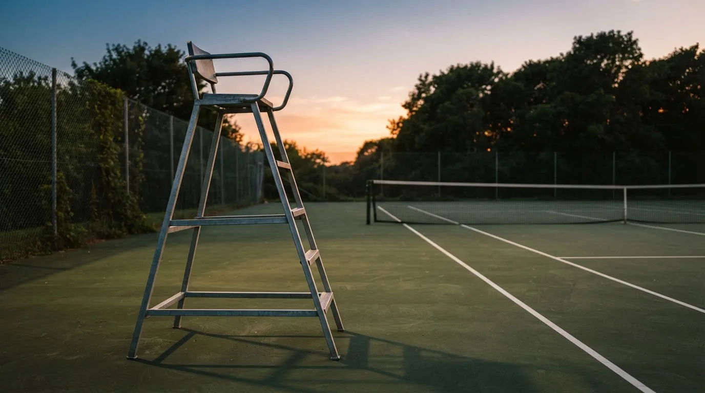 Eine hohe Schiedsrichterleiter aus Metall steht unbesetzt neben einem Hartplatz, die Abendsonne wirft lange Schatten.