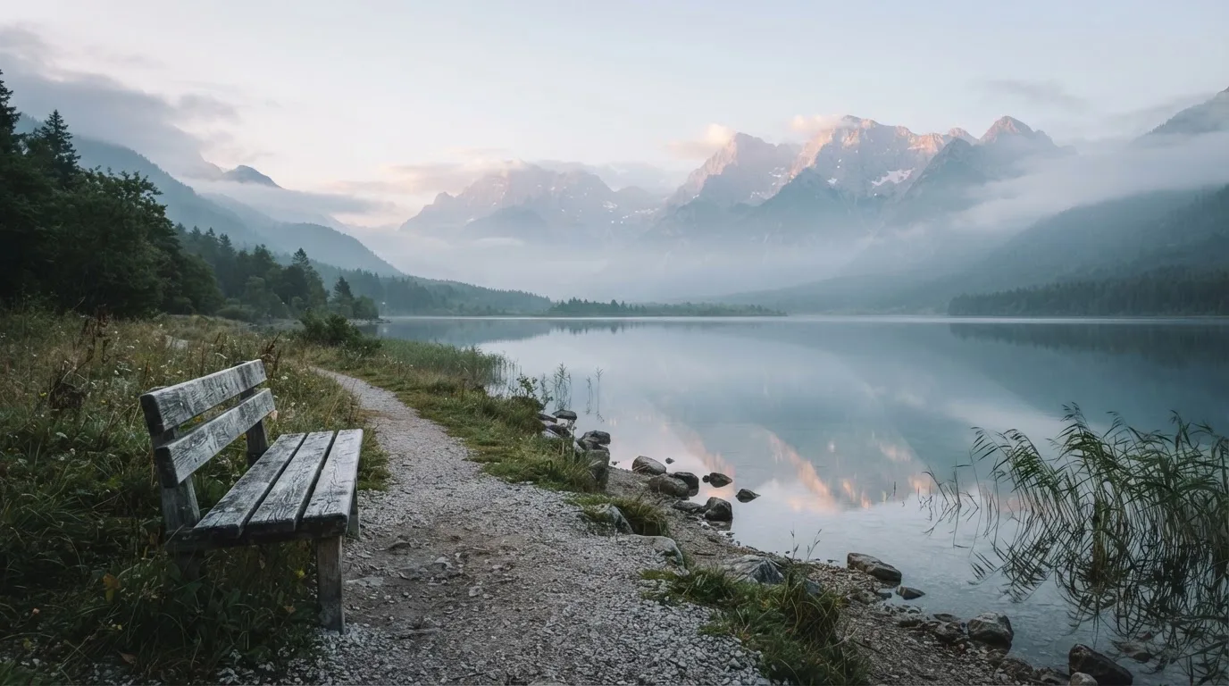 Eine Holzbank an einem Seeufer mit Blick auf eine Bergkette im Morgendunst, das Wasser ist spiegelglatt.