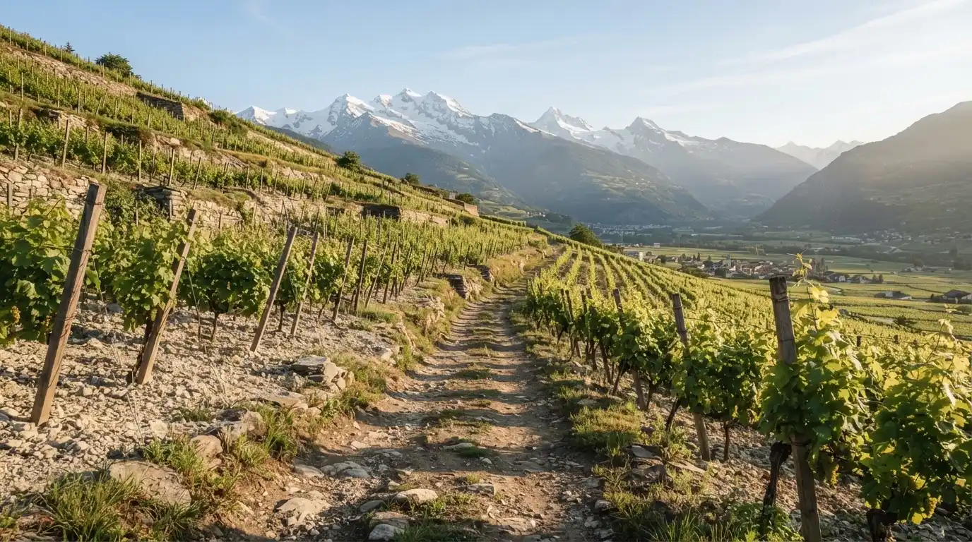 Ein Feldweg zwischen Weinreben im Wallis bei Sonnenaufgang, im Hintergrund hohe Berge und klare Luft.