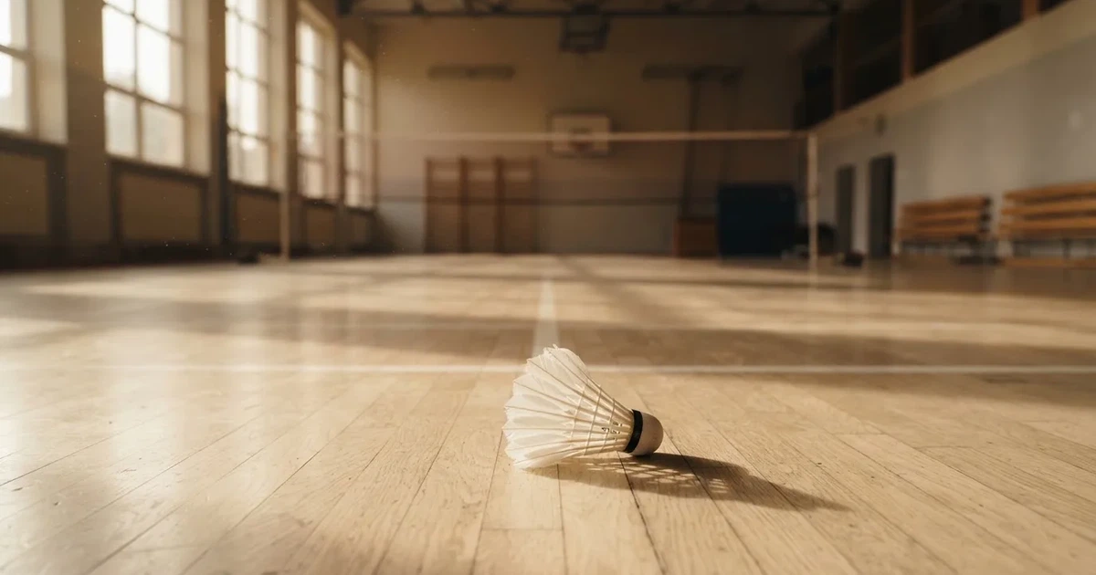 Ein Federball liegt auf dem Boden einer leeren Sporthalle, das Netz verschwimmt im Hintergrund, Licht fällt durch hohe Fenster.