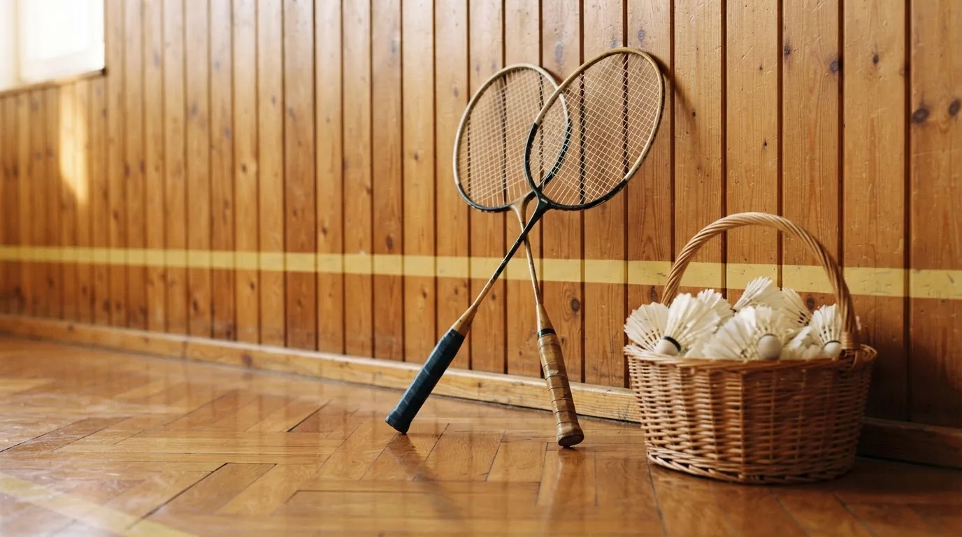 Zwei Badmintonschläger lehnen gekreuzt an einer Hallenwand aus Holz, daneben steht ein Korb mit Federbällen.