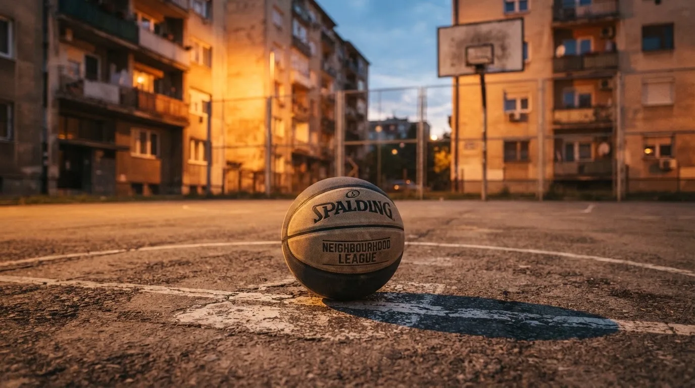 Ein Basketball liegt auf einem Asphaltplatz in einem Hinterhof zwischen Wohnblöcken, das Abendlicht färbt die Wände warm.