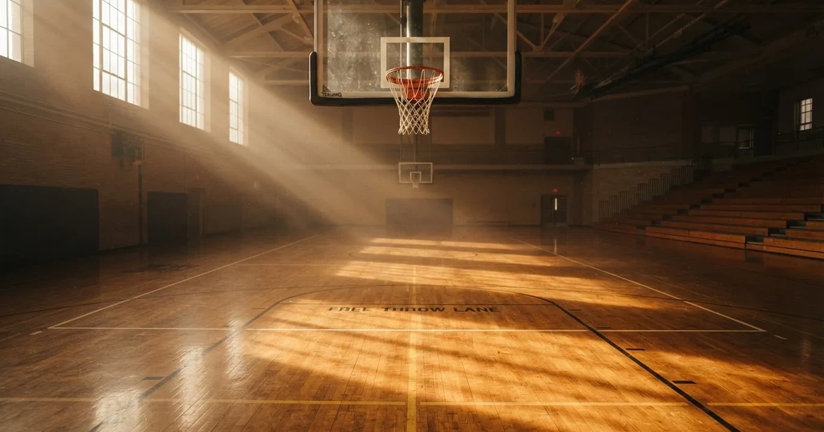 Ein Basketballkorb mit Netz in einer leeren Halle, Licht fällt von hohen Fenstern auf den glänzenden Parkettboden.