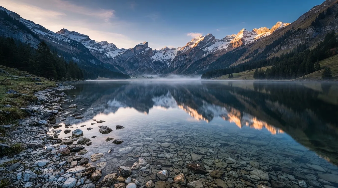 Ein Bergsee mit ruhigem Wasser und Gipfeln im Morgenlicht, am Ufer liegen glatte Steine.