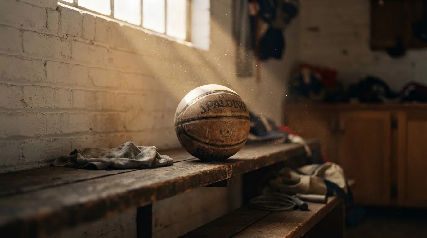 Ein abgenutzter Lederball liegt auf einem Holzregal in einem Vereinsraum, ein Sonnenstrahl macht den Staub sichtbar.