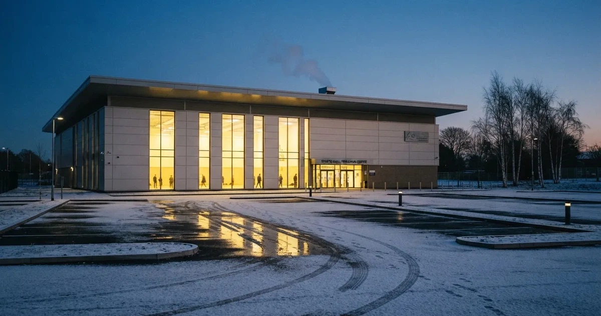 Eine Sporthalle von aussen in der Dämmerung mit erleuchteten Fenstern, davor ein leerer Parkplatz mit etwas Schnee.