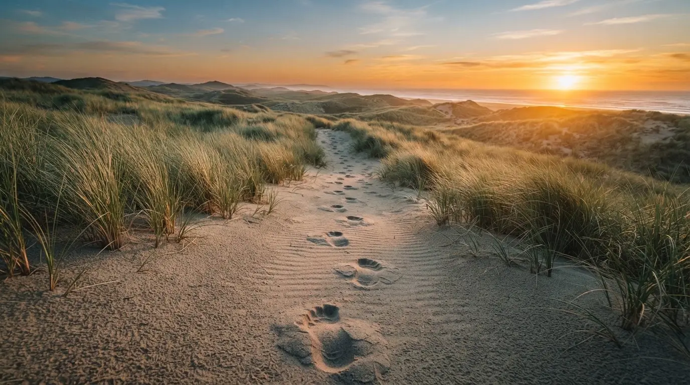 Spuren im Sand führen durch Dünengras auf den Horizont zu, die Sonne steht tief und färbt den Himmel orange.