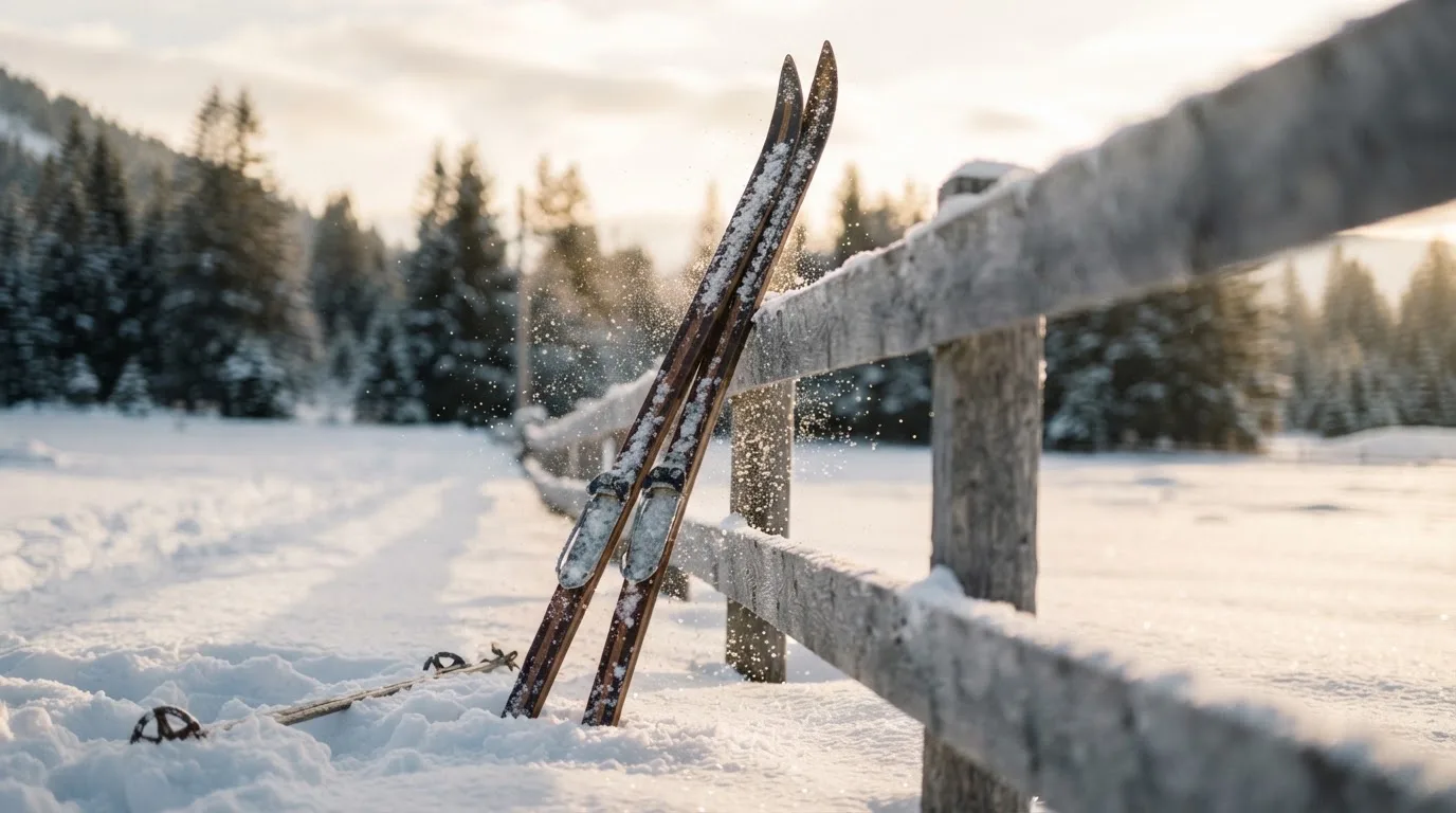 Ein Paar Langlaufskier steckt aufrecht im Schnee neben einem Holzzaun, die Sonne glitzert auf Eiskristallen.