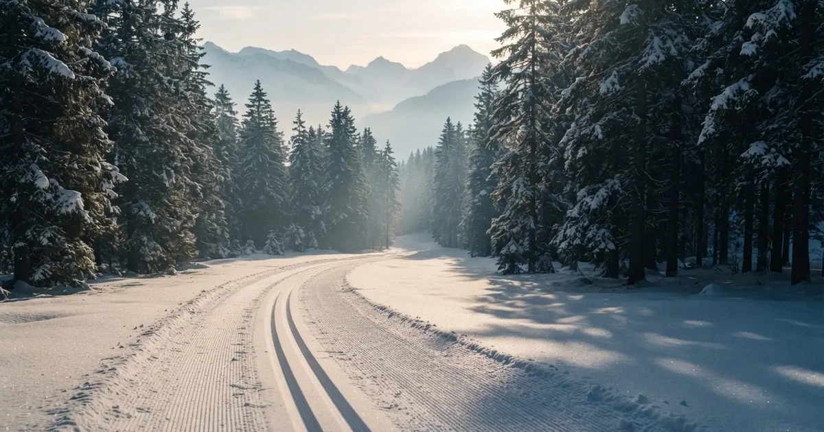 Eine verschneite Langlaufloipe führt durch Tannenwald im Morgenlicht, frische Spuren im Schnee, dahinter Berge im Dunst.