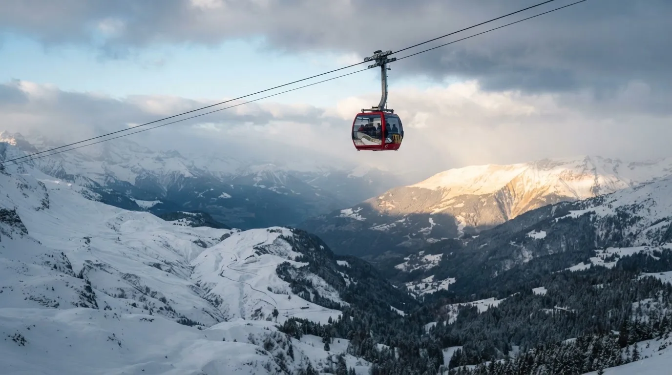 Eine Seilbahnkabine schwebt über einem verschneiten Tal, die Sonne bricht durch die Wolken und beleuchtet die Hänge.
