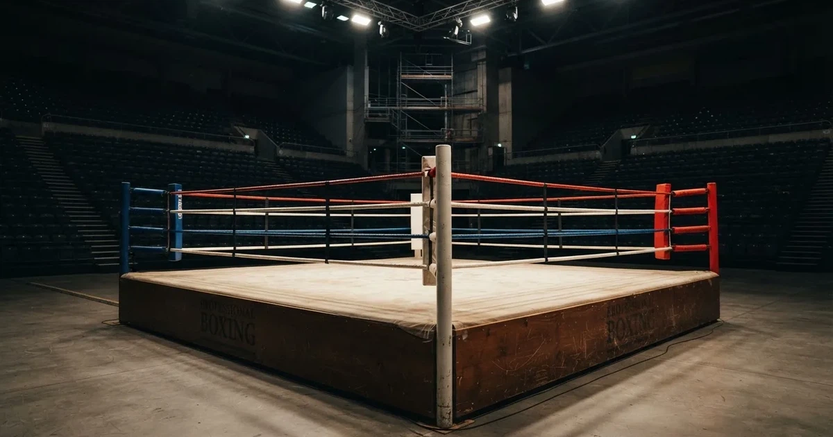 Ein leerer Boxring mit gespannten Seilen unter hellem Hallenlicht, dahinter ansteigende Zuschauerränge in einer grossen dunklen Halle
