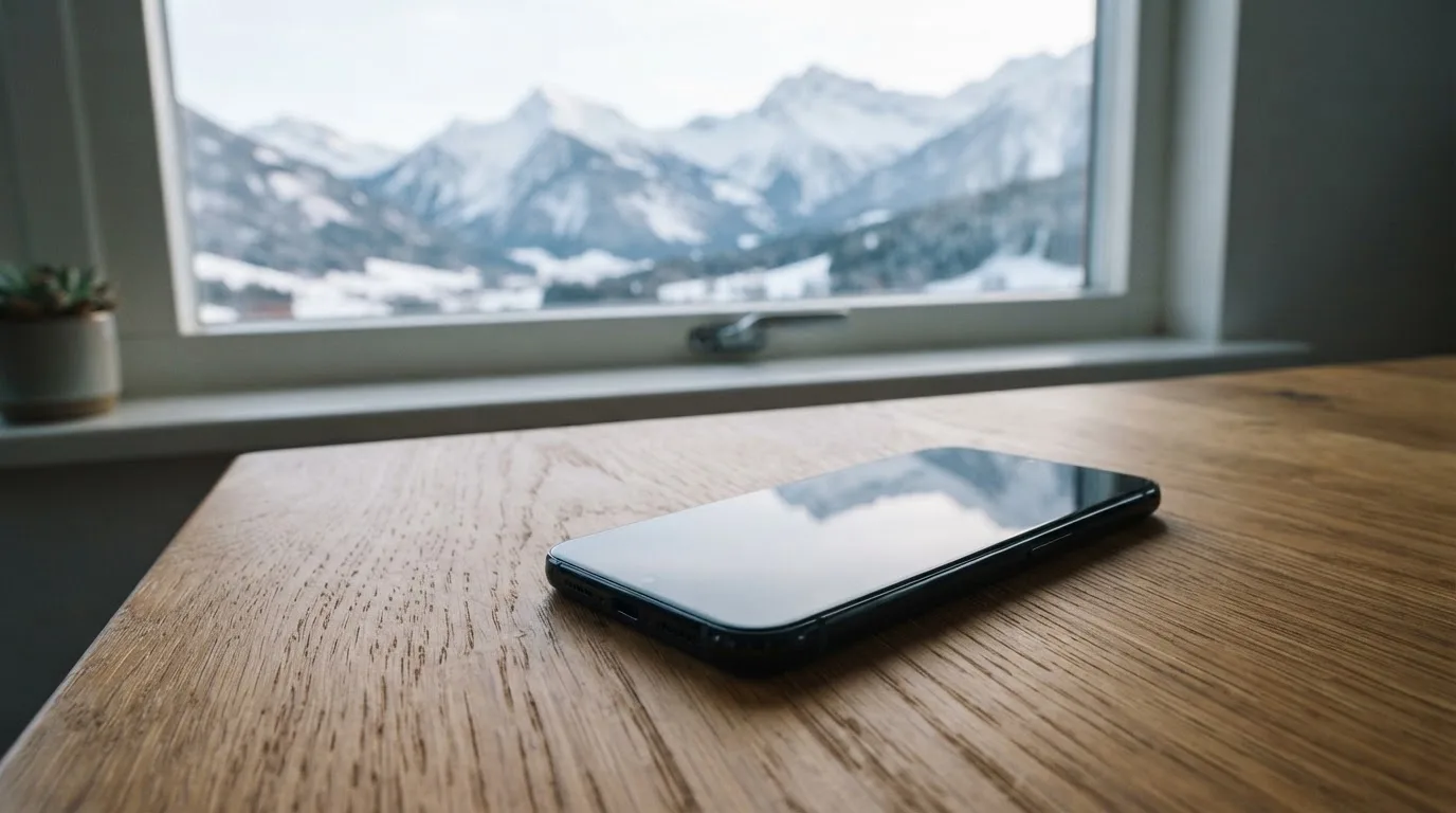 Ein Smartphone mit dunklem Bildschirm liegt auf einem Holztisch vor einem Fenster mit Blick auf schneebedeckte Gipfel