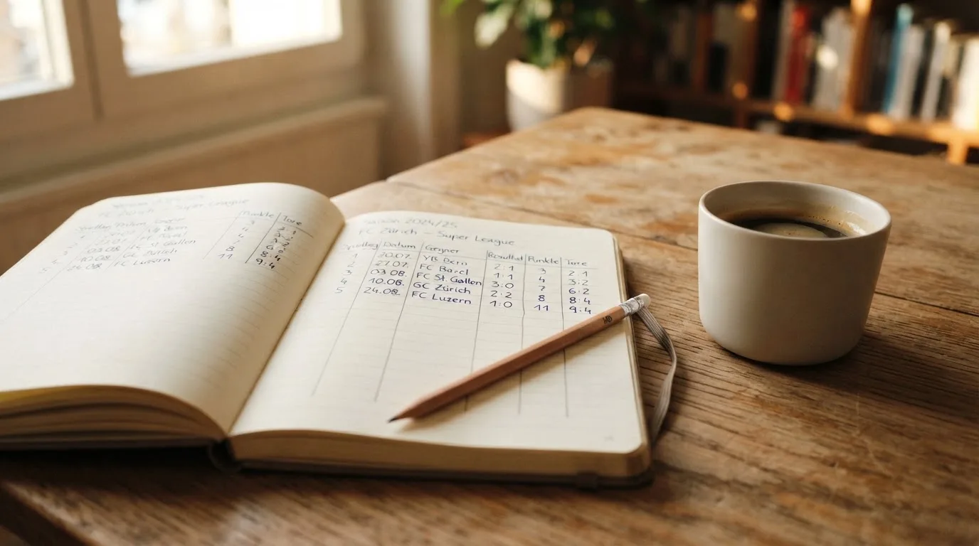 Ein aufgeschlagenes Notizbuch mit handgeschriebenen Spalten und ein Bleistift neben einer Tasse Kaffee auf einem Holztisch am Morgen