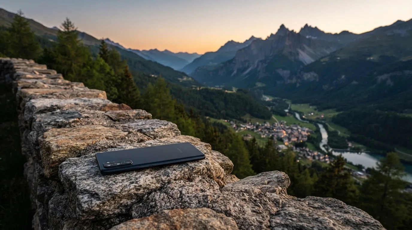 Ein Smartphone mit dunklem Display liegt auf einer Steinmauer, dahinter ein Alpental im Abendlicht